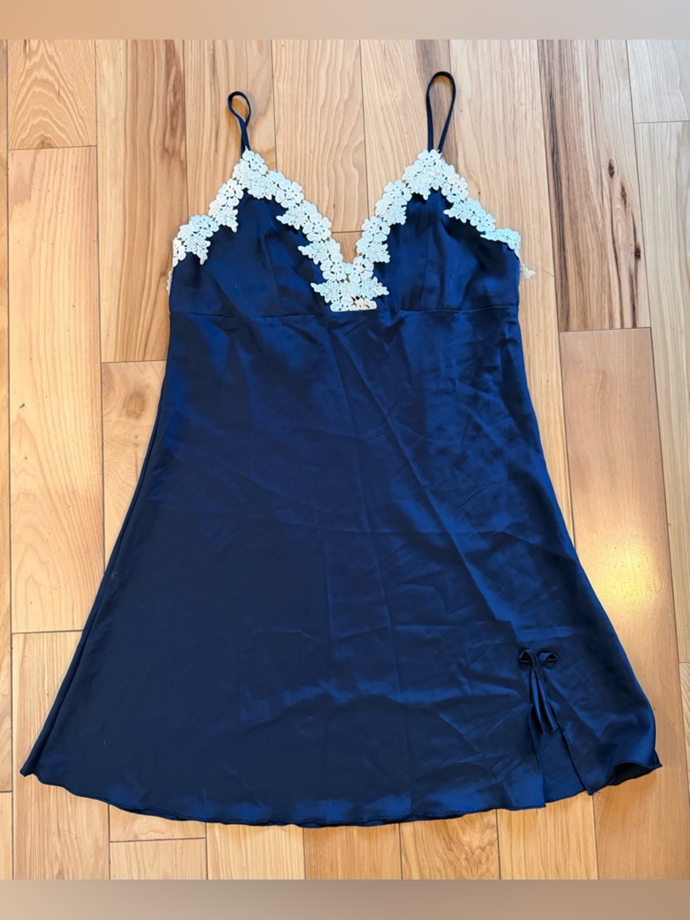 Navy Slip Nightdress with Ivory Lace Trim